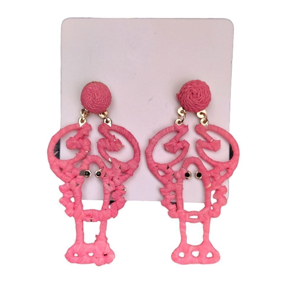 Bohemian Pink Straw Wrapped Lobster Post 3" Drop‎ Earrings NWT
